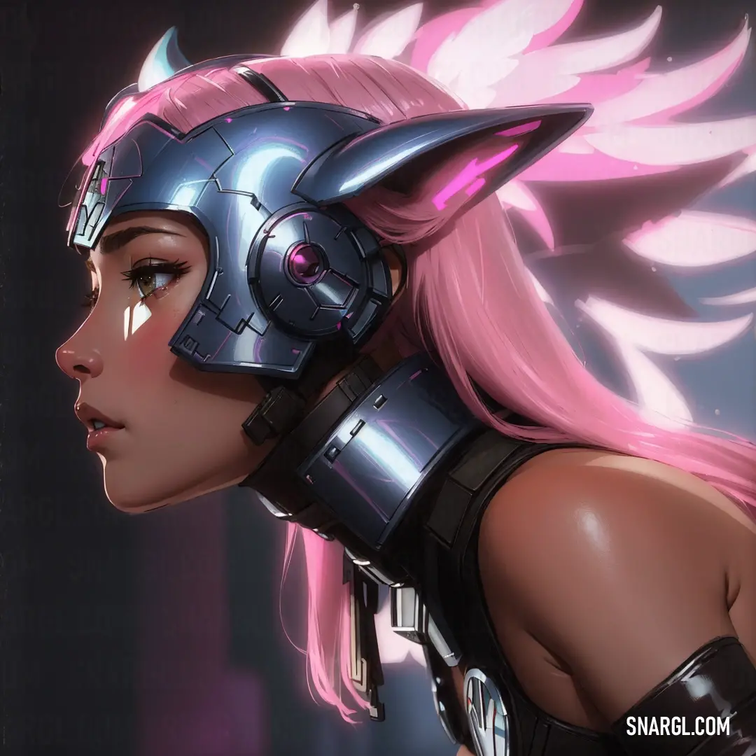 Woman with pink hair wearing a helmet and armor with wings on her head. Color CMYK 28,0,8,86.