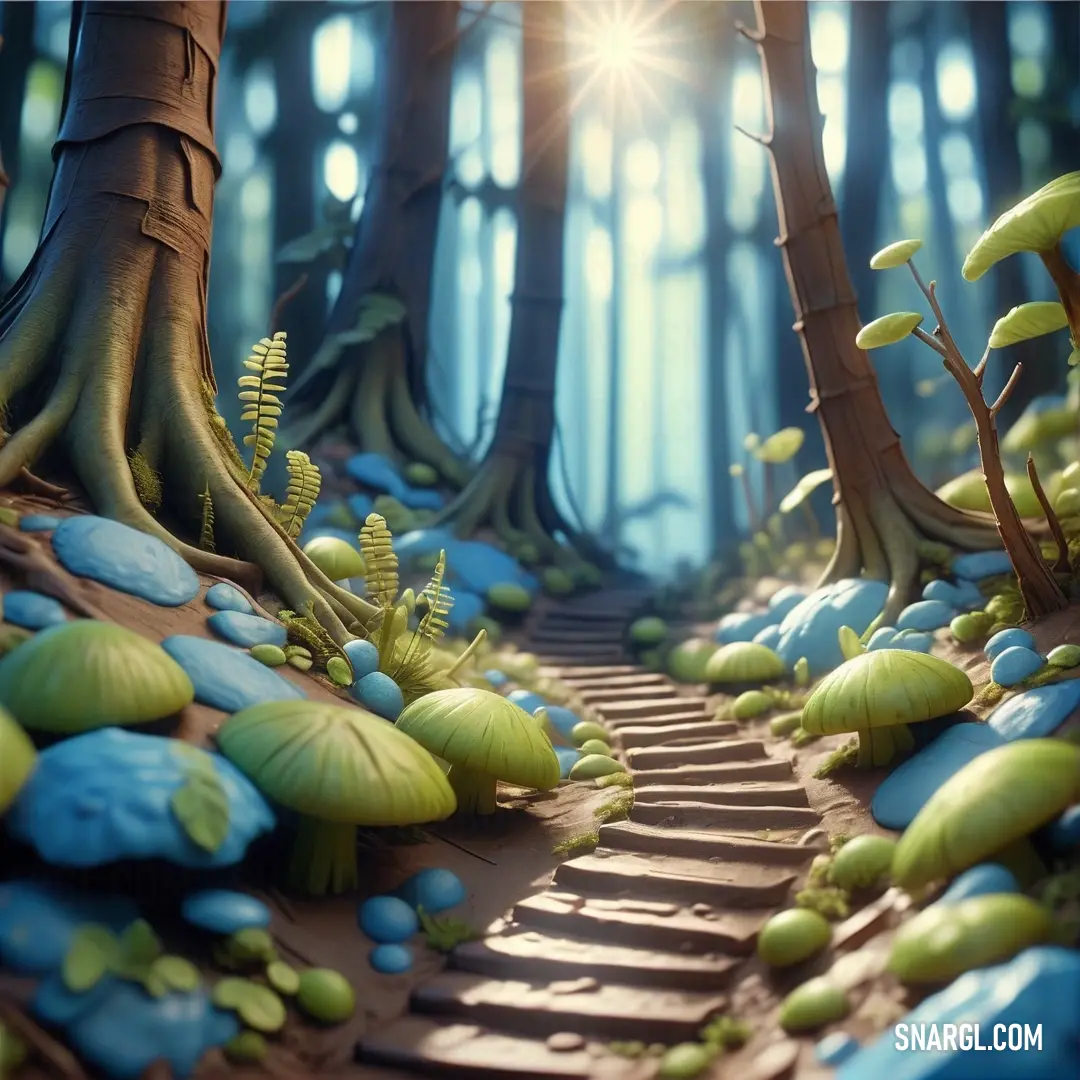 3d rendering of a forest with a path leading to trees and blue rocks and plants on the ground. Color RGB 189,183,107.