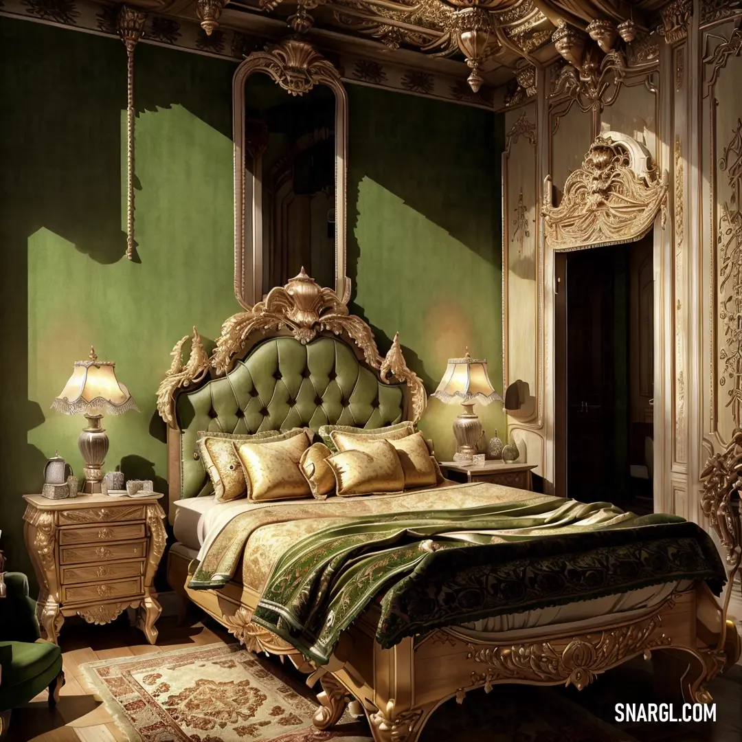 What color is Dark khaki? Example - Bedroom with a green wall and a gold bed frame and headboard and foot board