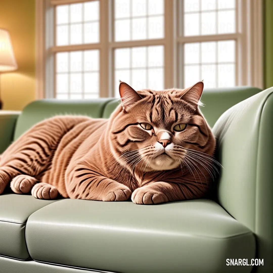 Cat laying on a green couch in a living room with a lamp on the side of the couch. Example of CMYK 0,3,43,26 color.