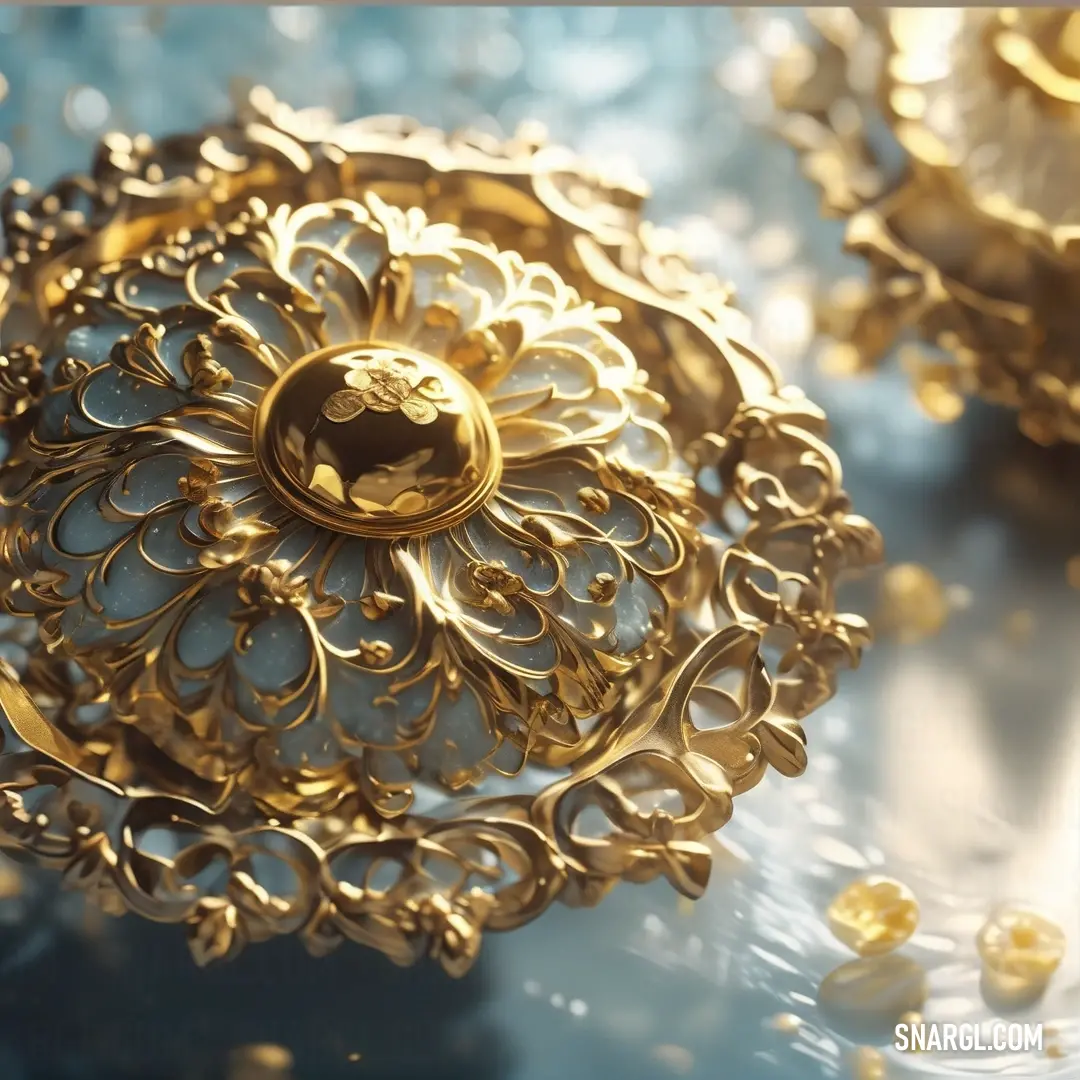 An exquisite close-up of an ornate gold brooch resting against a rich blue backdrop, showcasing intricate designs and shining sophistication that capture the eye with a touch of vintage elegance.