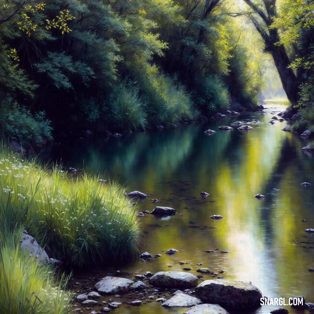 A river gently winds through the landscape, with smooth stones scattered across its surface. Tall grasses sway on the riverbanks, blending with the calm waters. The surrounding nature, bathed in soft green, creates a peaceful and serene environment.