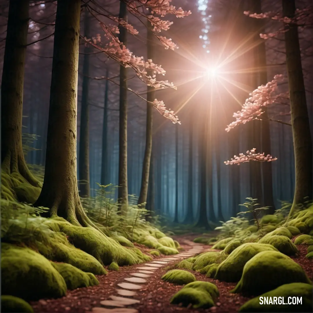 Path in the middle of a forest with mossy rocks and trees with bright light coming through the trees. Color #BDB76B.