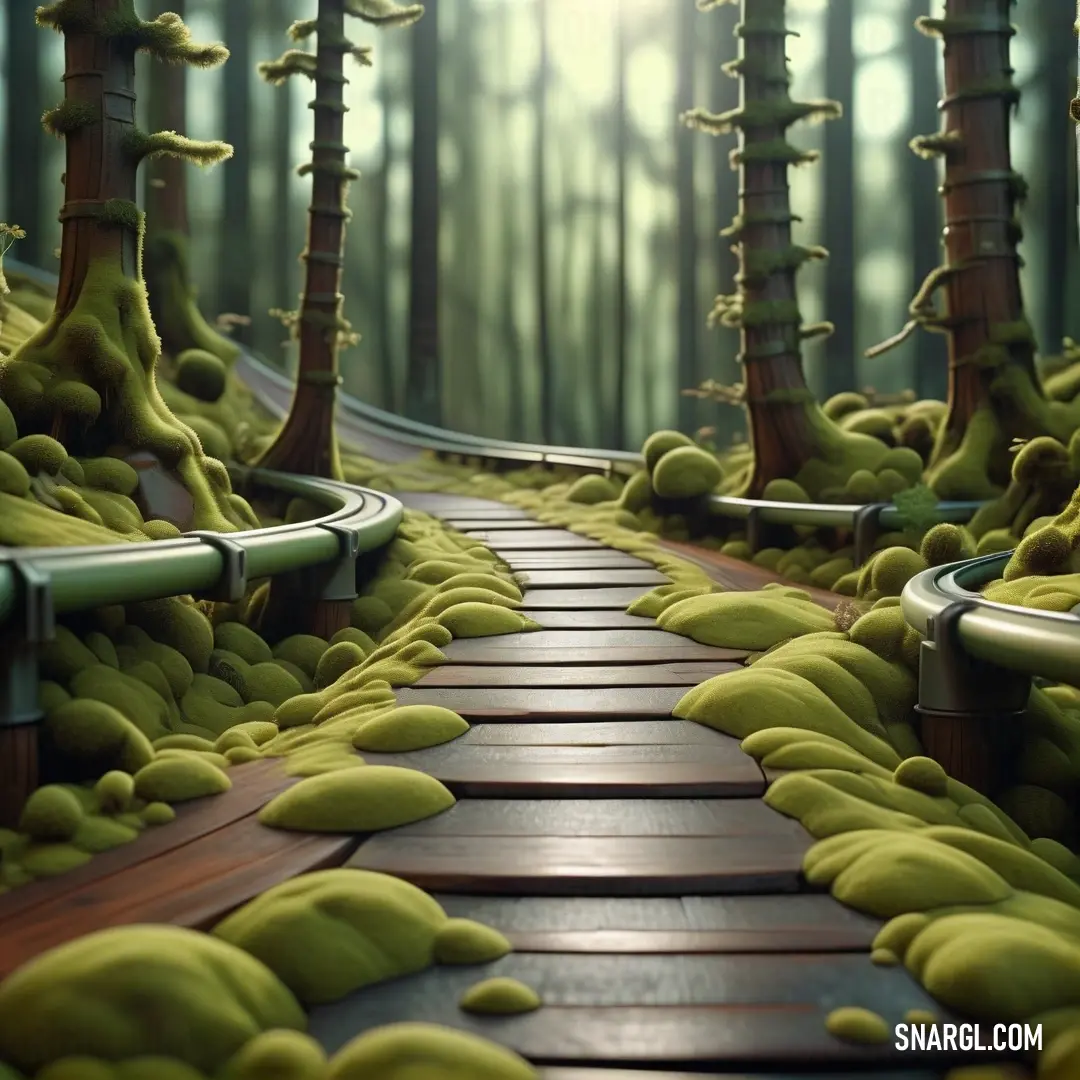 Dark khaki color. Path through a forest with moss growing on the ground and trees on the sides of the path are green