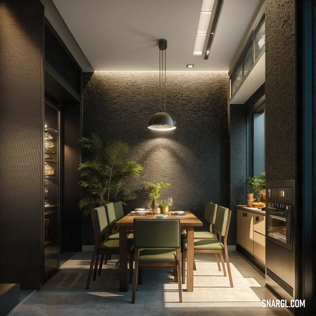 Dining room with a table and chairs and a potted plant on the table in the center of the room. Color #BDB76B.