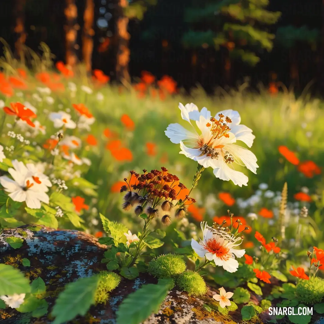 Field of flowers with a bee on it's head and a forest in the background with trees