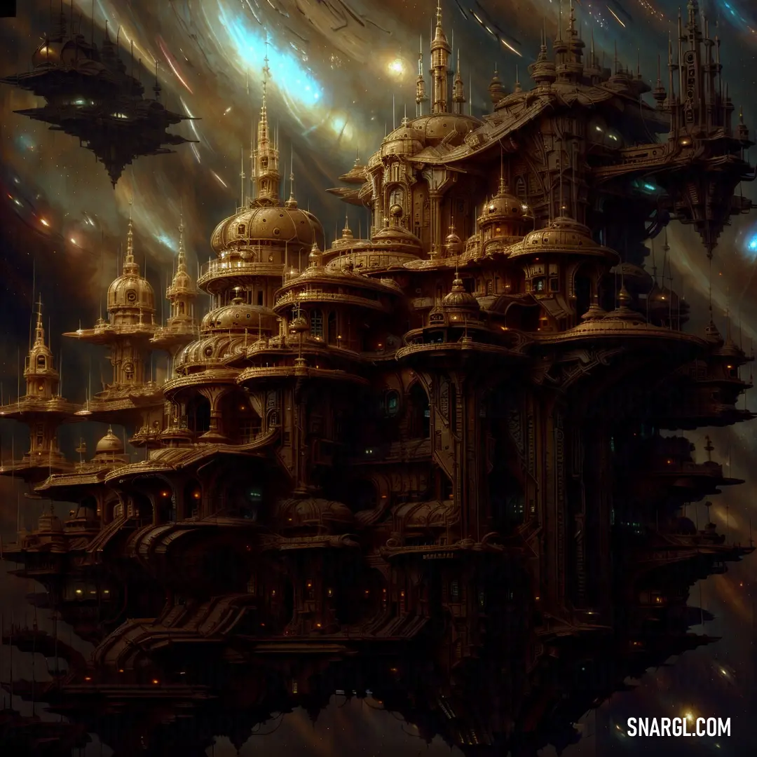 Futuristic city with a massive structure in the middle of it and a lot of stars in the sky