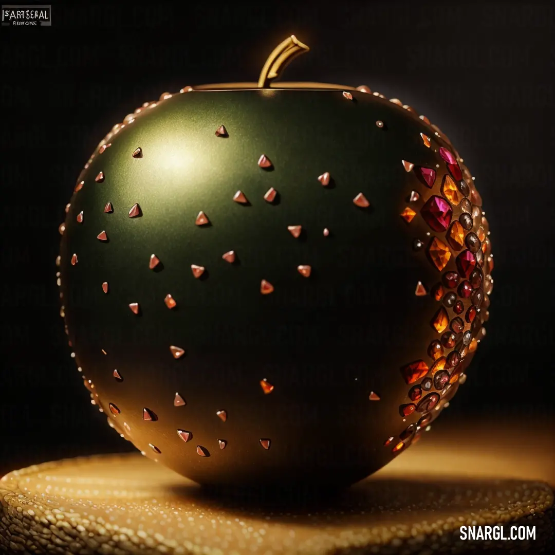 Green apple with a lot of tiny red hearts on it's side and a gold top on a table. Example of Dark khaki color.