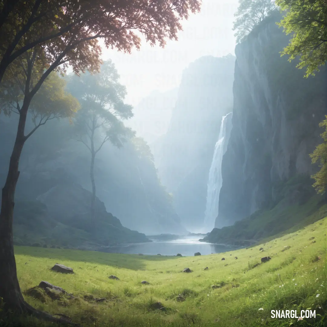 Lush green field with a waterfall in the background and a forest with rocks