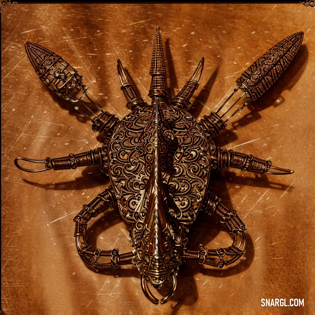A striking metal sculpture resembling a bug, complete with sharp spikes on its head and two prominent legs. The sculpture stands against a warm brown backdrop, exuding a bold, almost intimidating presence.