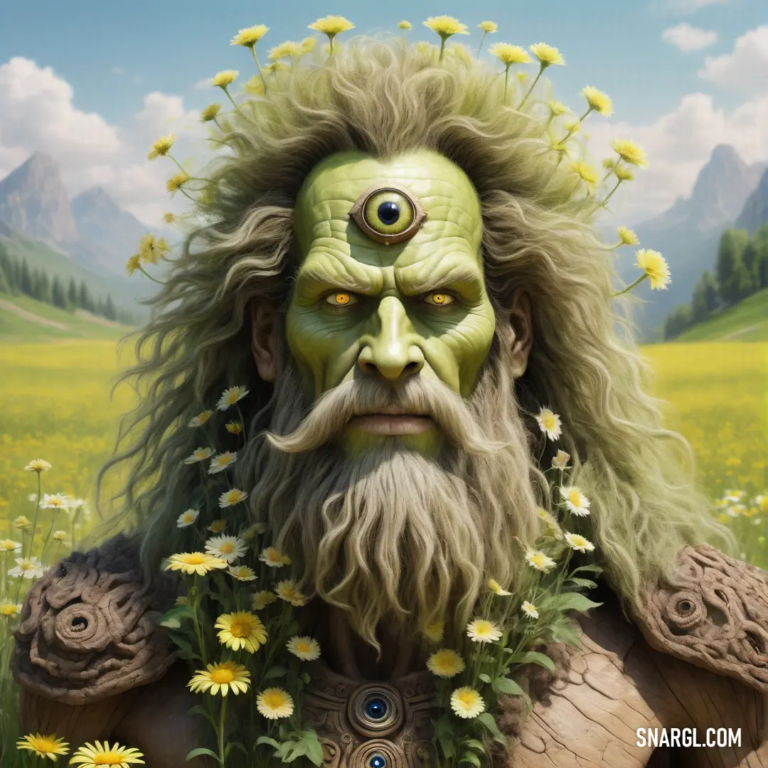 Painting of a man with a beard and a beard with flowers in his hair and a green face