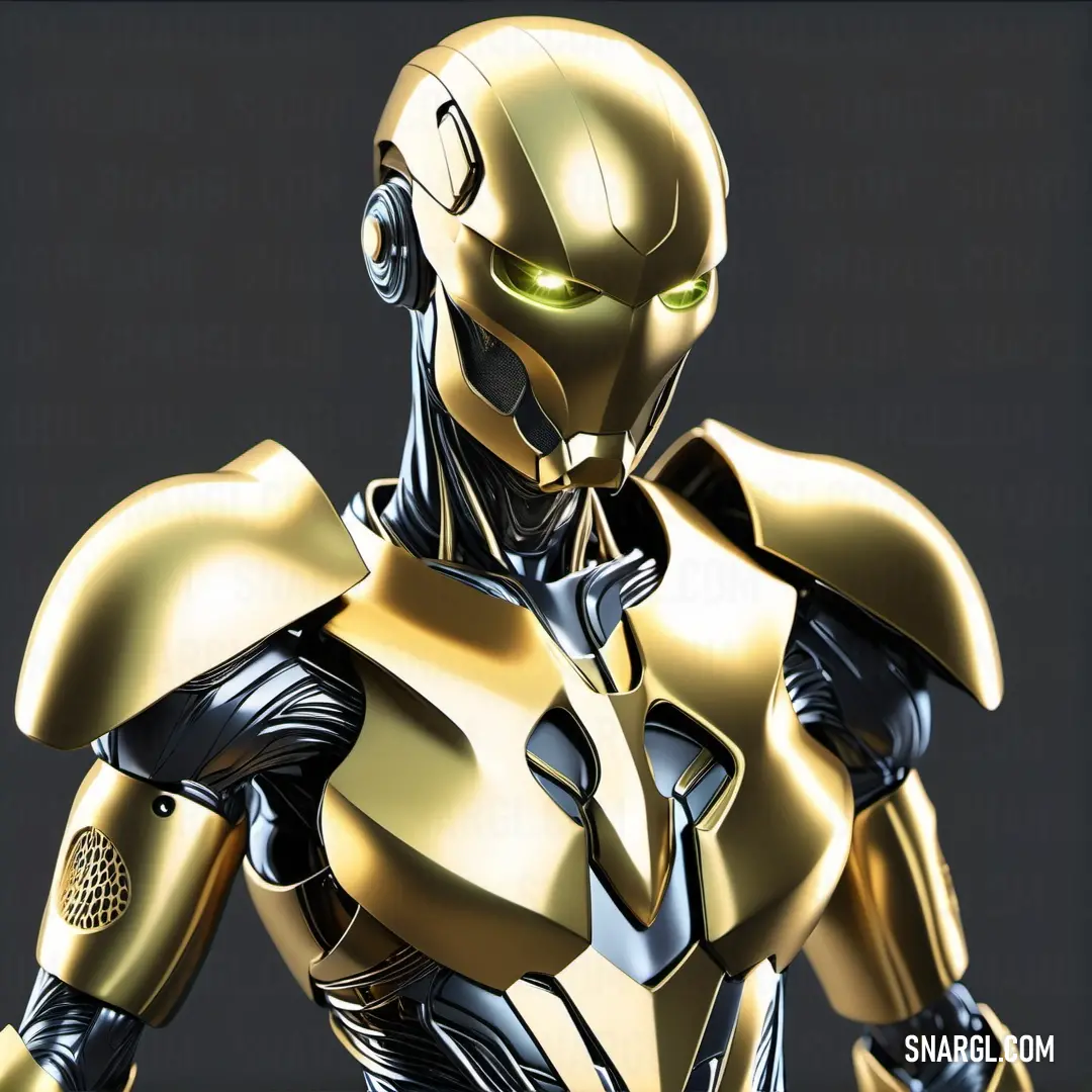 Robot with glowing eyes and a gold suit on