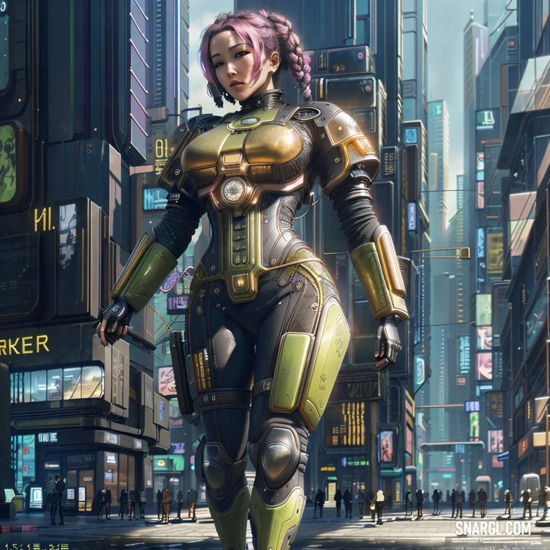 Woman in a futuristic city with a sci - fi. Color RGB 189,183,107.