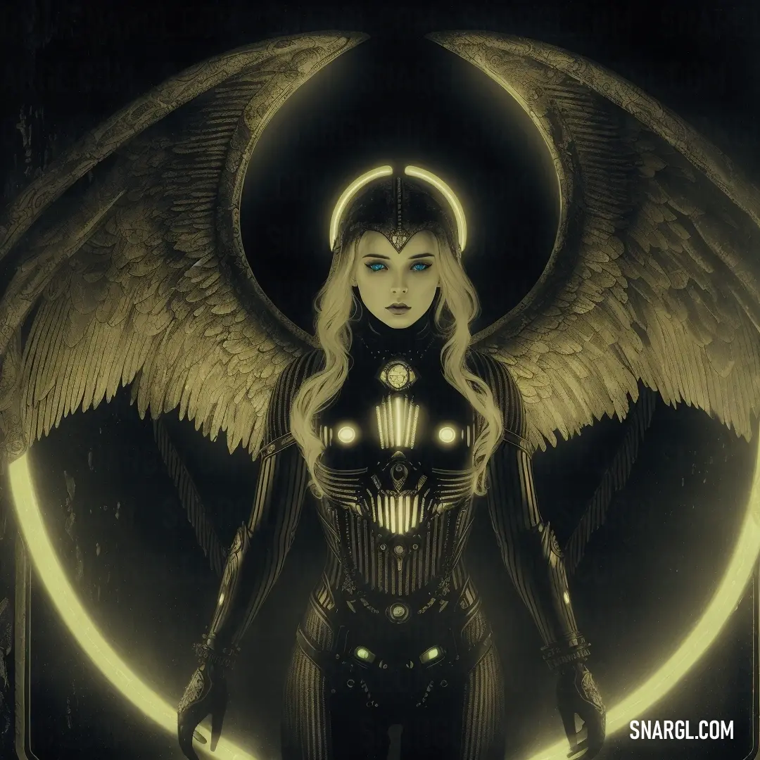 Dark khaki color. Woman with wings standing in a dark room with a halo around her head