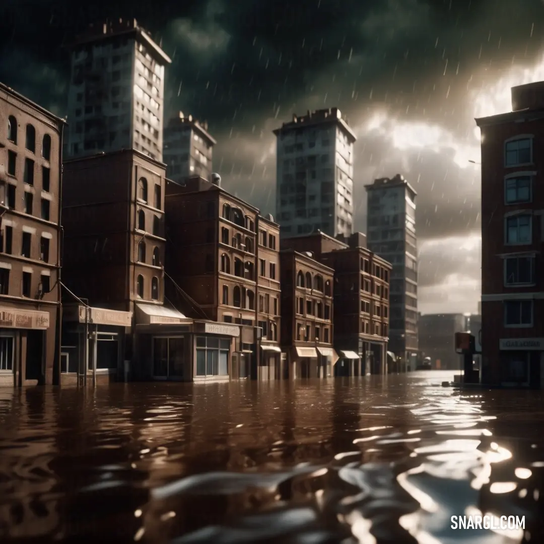 City street is flooded with water and buildings are in the background. Example of Dark lava color.