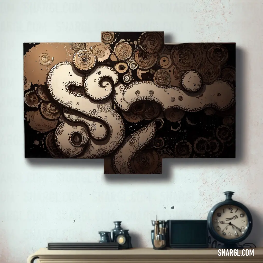 Dark lava color example: Painting of a brown and white octopus on a wall above a fireplace mantle with a clock on it
