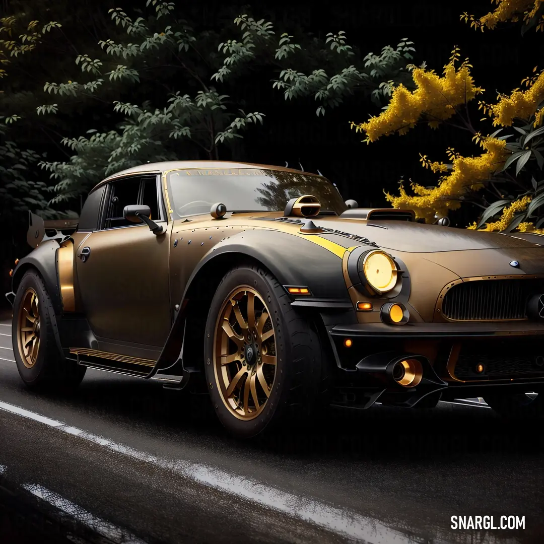 Gold and black sports car driving down a street next to trees and bushes with yellow flowers on it. Example of RGB 72,60,50 color.