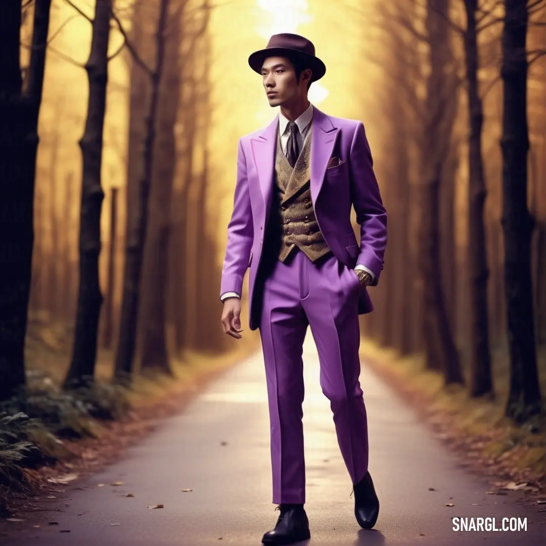 Man in a purple suit and hat walking down a road in the woods with trees in the background. Color RGB 115,79,150.