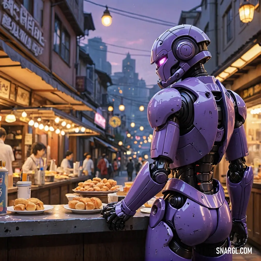 Dark lavender color example: Robot standing in front of a food stand in a city at night with people eating and drinking nearby