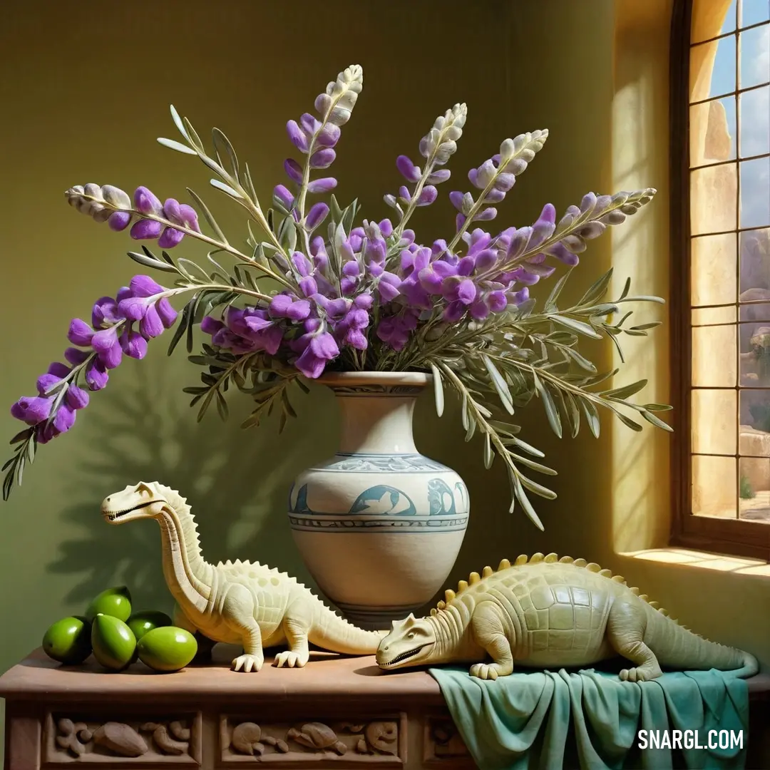 Vase with flowers and a toy dinosaur on a table with other items in front of it. Example of #734F96 color.