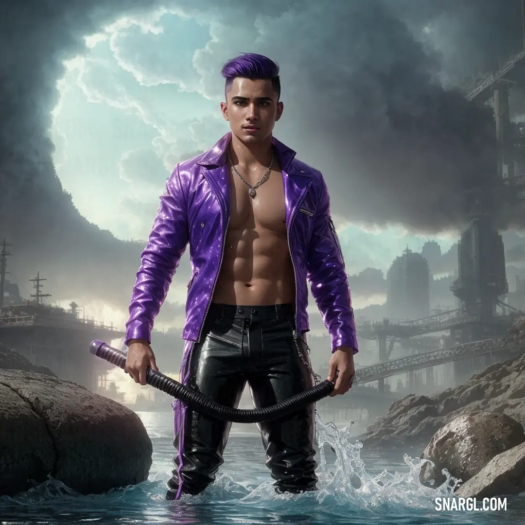 Man in a purple jacket holding a sword in a body of water with a factory in the background. Example of CMYK 23,47,0,41 color.