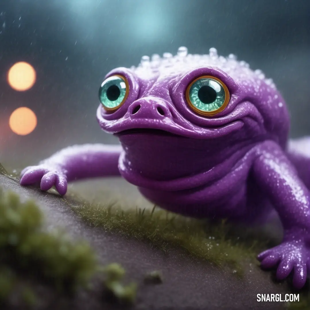 Purple frog with big eyes on a rock with moss and a blurry background. Color CMYK 23,47,0,41.