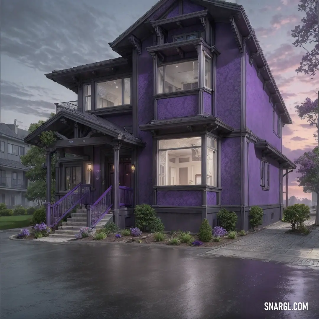 Purple house with a purple roof and a purple staircase leading to the second floor. Color Dark lavender.