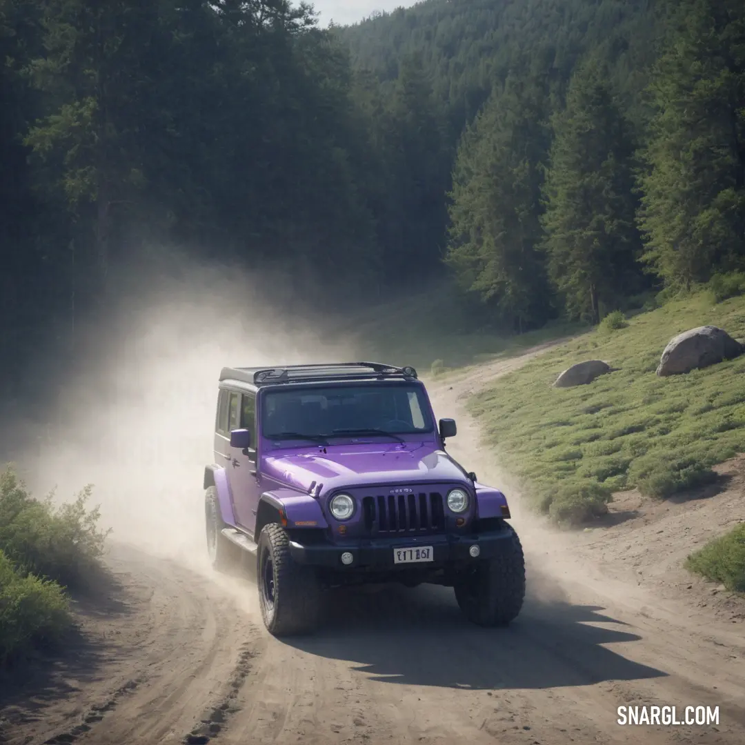 Purple jeep driving down a dirt road in the woods with trees in the background. Color Dark lavender.
