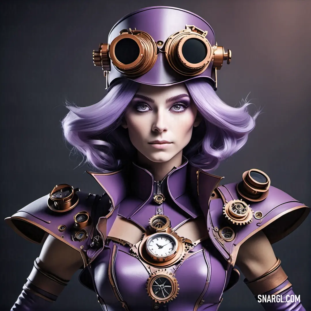 Dark lavender color. Woman in a purple outfit with goggles and a clock on her head
