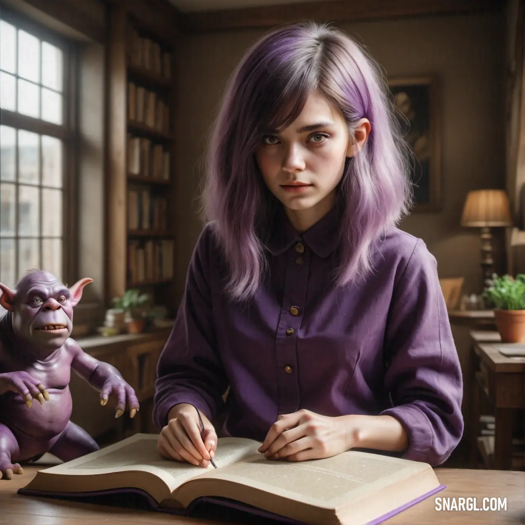 Woman with purple hair at a table with a book and a troll doll in front of her
