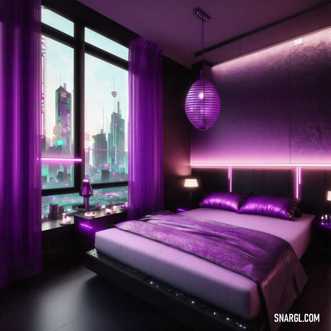 Bedroom with a purple bed and a large window with city lights on it and a purple light hanging from the ceiling