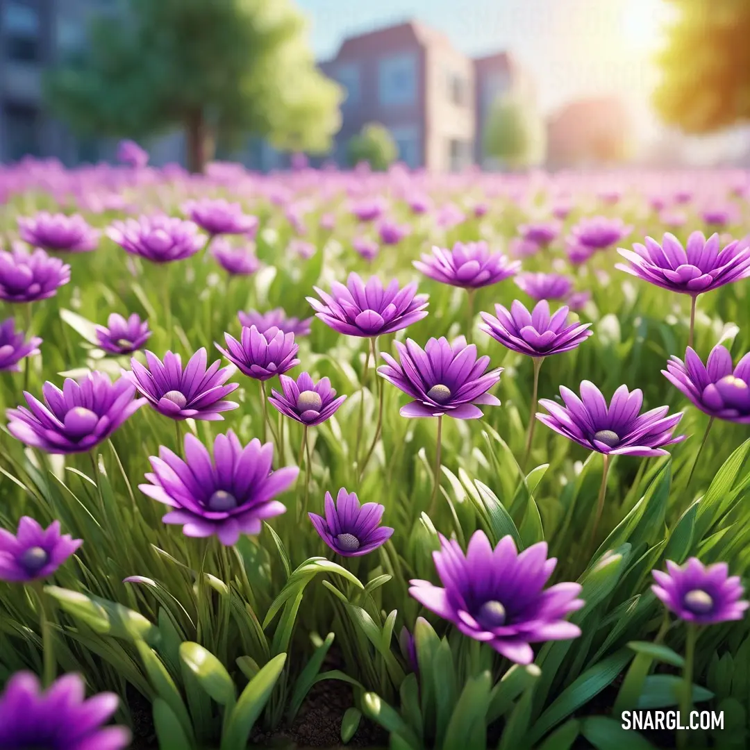 Field of purple flowers with a house in the background. Example of Dark magenta color.