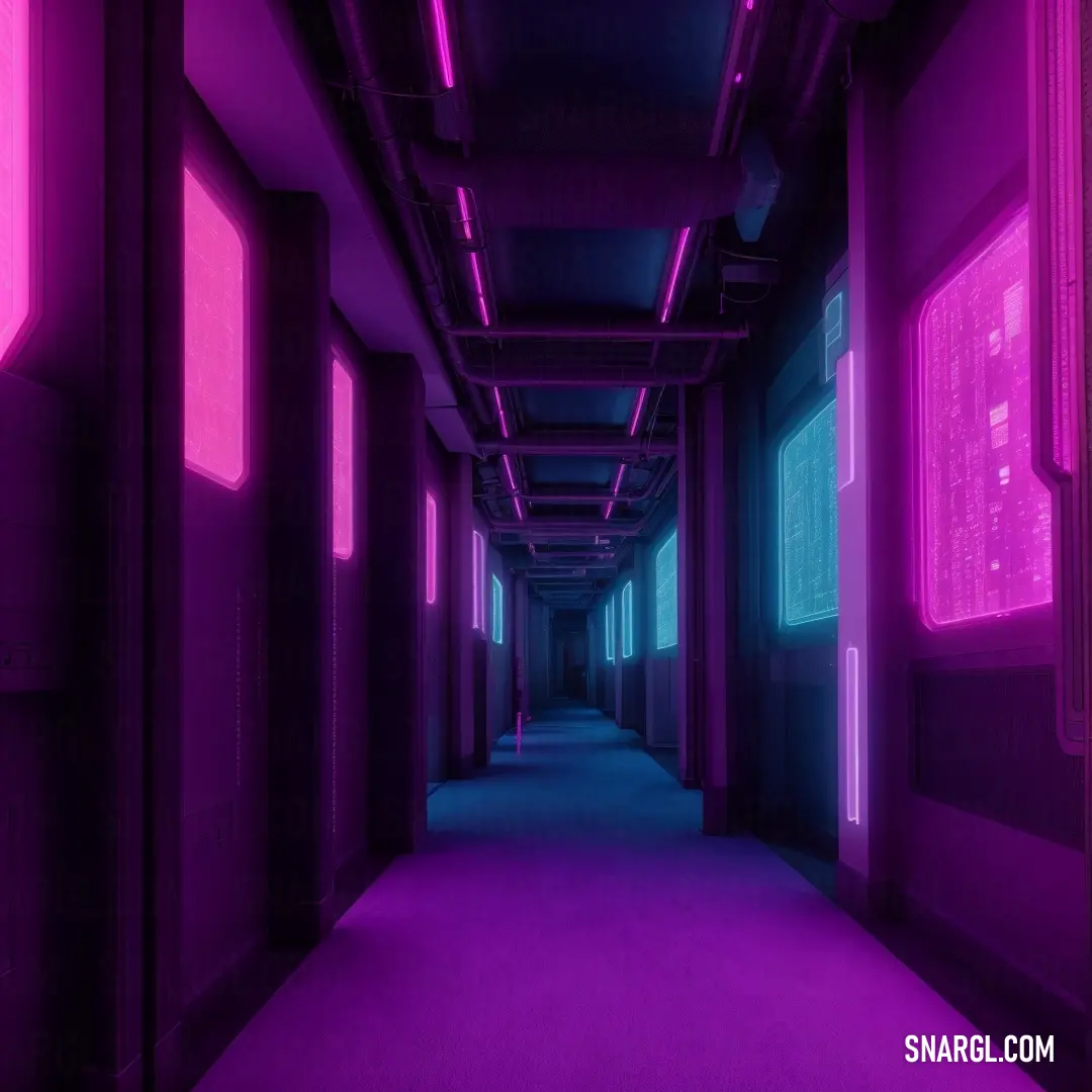 Long hallway with purple lights and a purple carpet on the floor and walls. Example of Dark magenta color.