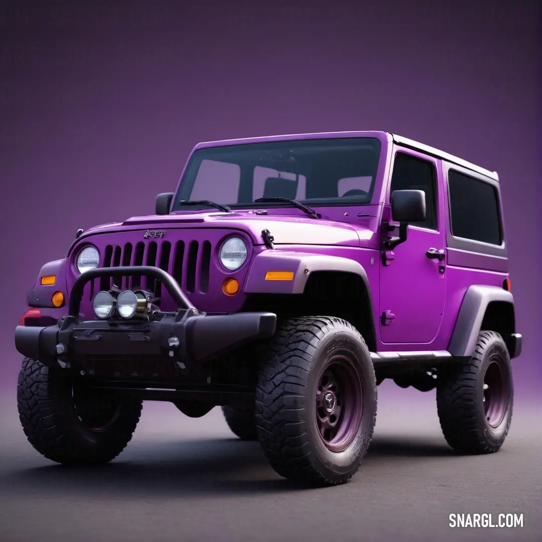 Dark magenta color. Purple jeep is parked in a dark room with a purple background