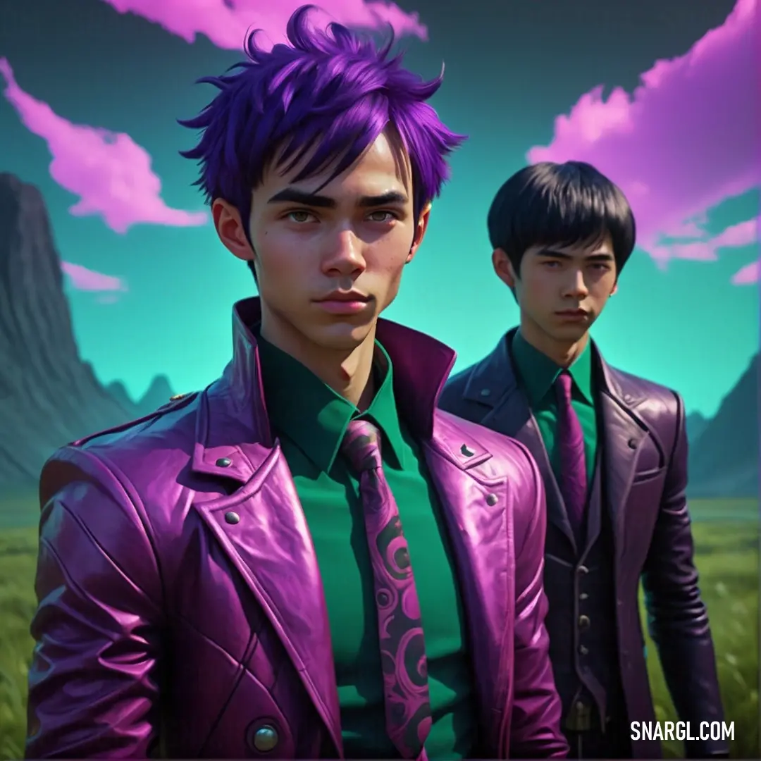 Dark magenta color example: Two young men in purple leather jackets standing in a field of grass with a mountain in the background