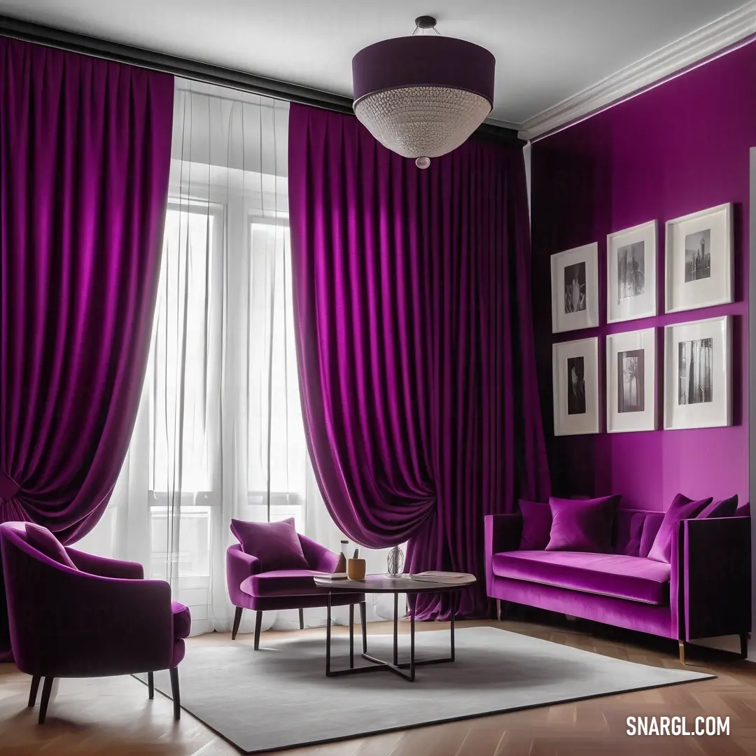 Living room with purple curtains and a white rug on the floor and a purple couch and chair in front of a window