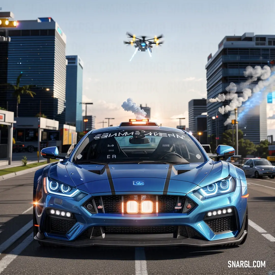 Blue sports car driving down a street next to tall buildings and a flying object in the sky above. Example of Dark midnight blue color.