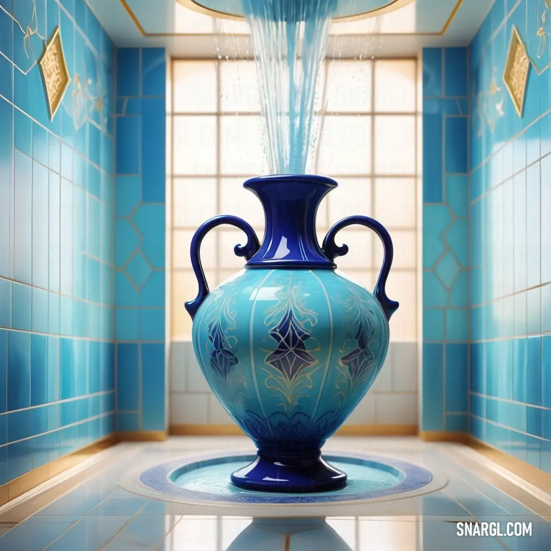 Blue vase with a water spout in it on a blue tiled floor in front of a window. Example of RGB 0,51,102 color.