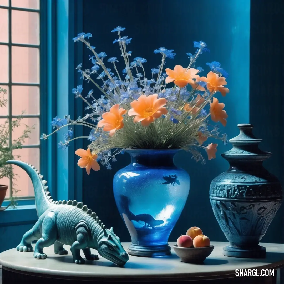 Blue vase with flowers and a dinosaur statue on a table with other vases and fruit on it. Example of CMYK 100,50,0,60 color.