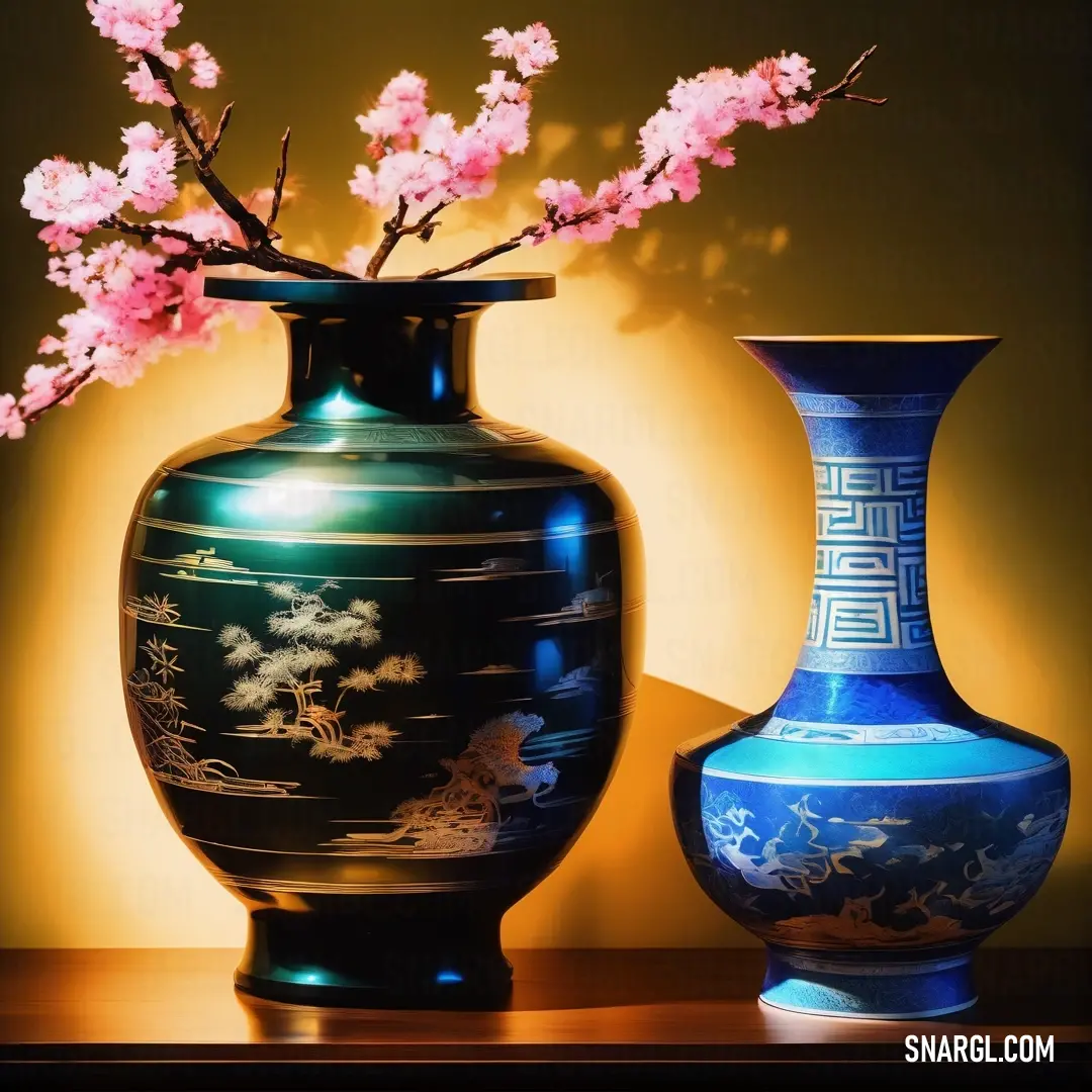 Couple of vases on a table with flowers in them and a wall behind them. Color Dark midnight blue.