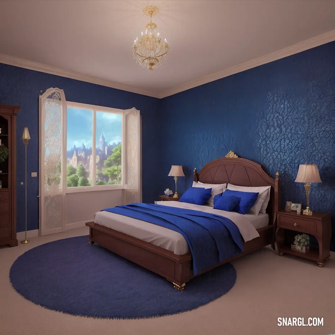 Bedroom with a blue wall and a large bed with a blue blanket on it and a chandelier. Example of RGB 0,51,102 color.