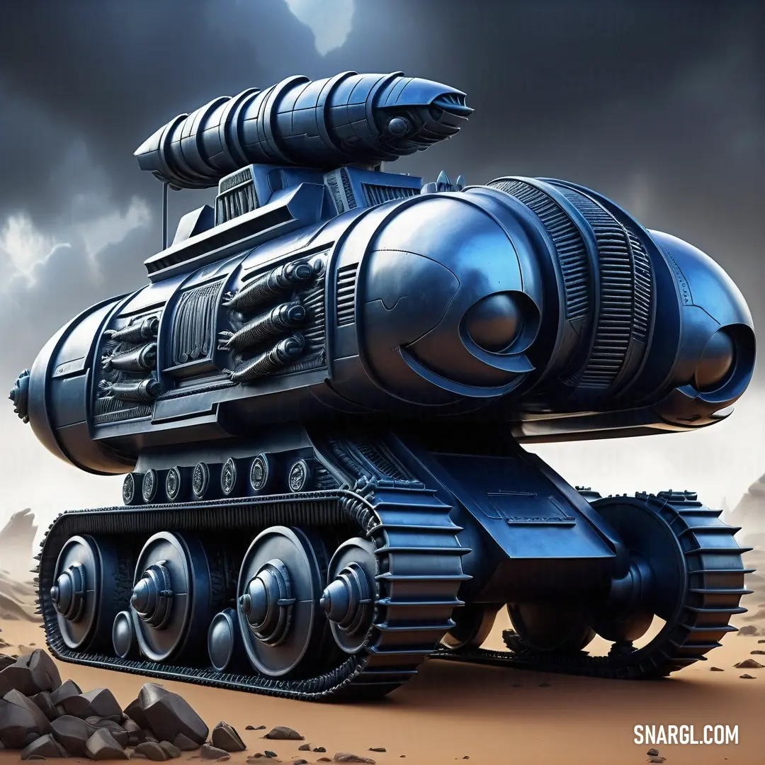 Futuristic tank with a turret on top of it in the desert with a sky background. Color CMYK 100,50,0,60.
