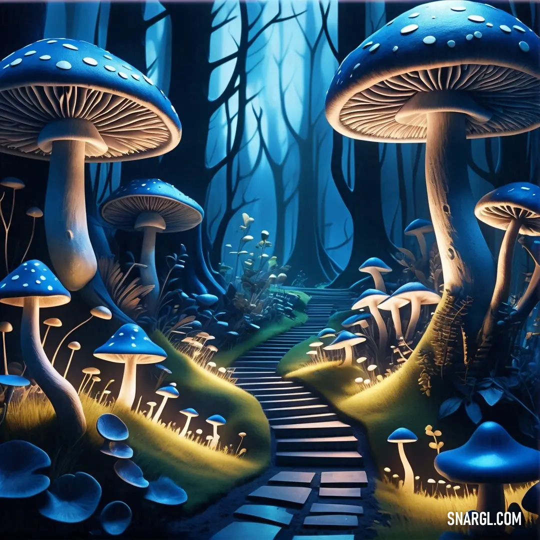 Painting of a path leading to a group of mushrooms in a forest with blue lights on them. Color Dark midnight blue.