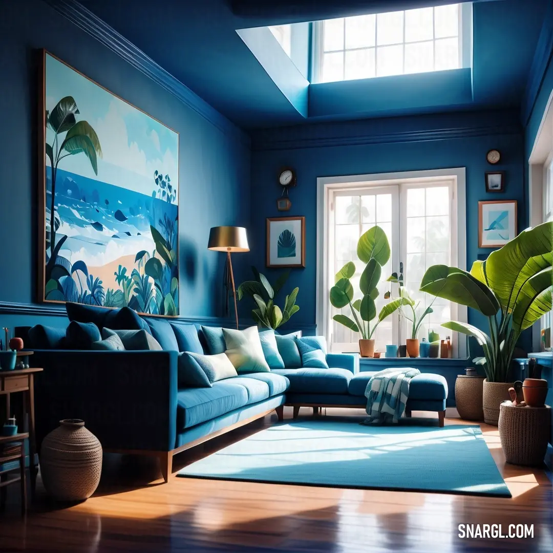 Dark midnight blue color example: Living room with blue walls and a blue rug on the floor and a painting on the wall above the couch