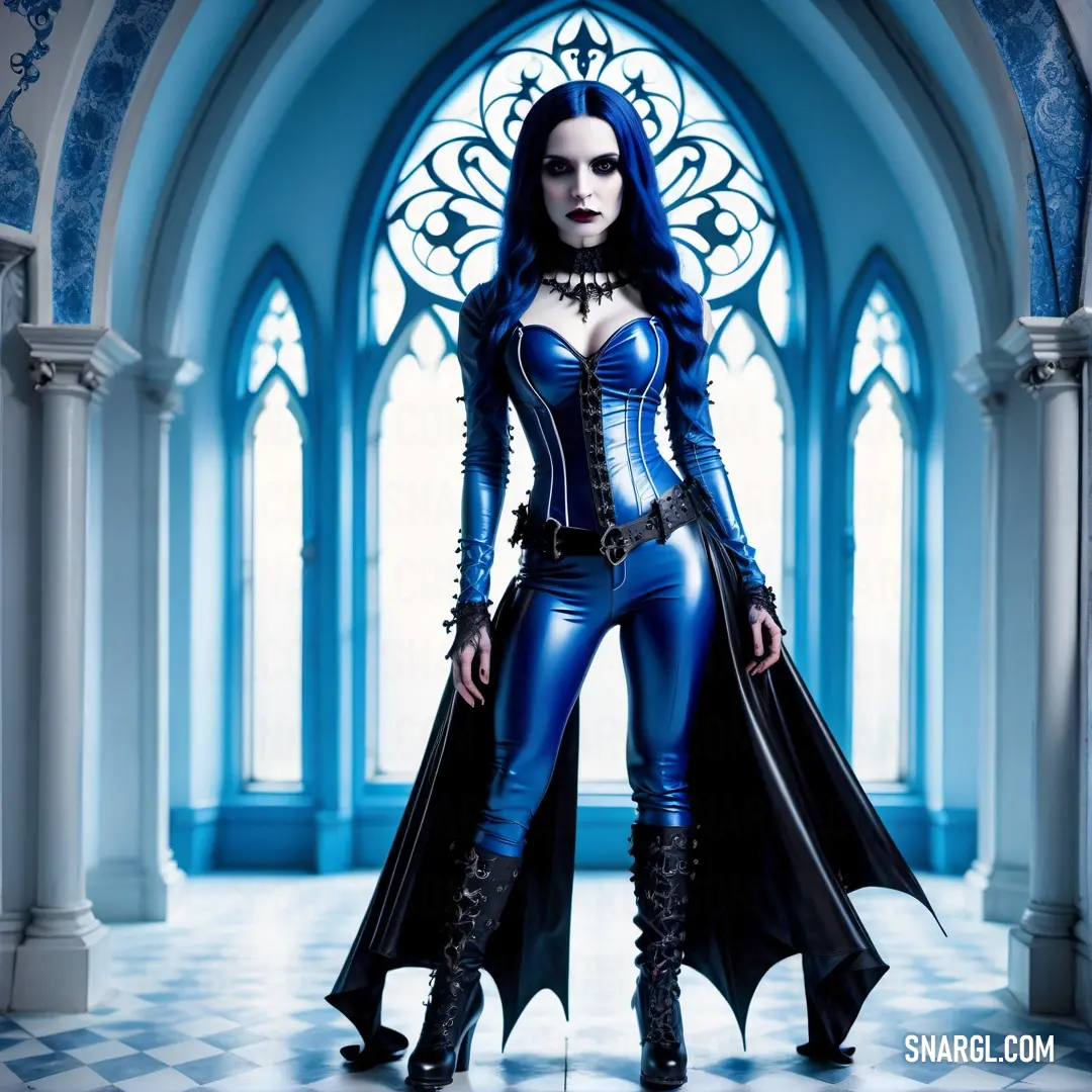 Woman in a blue costume standing in a hallway with a gothic - inspired arch doorway behind her is a gothic - inspired archway