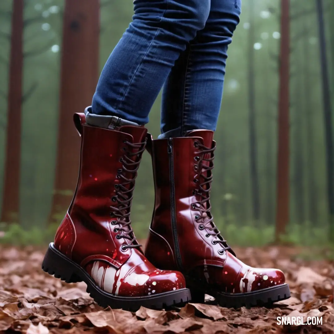 Woman in red boots standing in leaves in a forest with trees in the background. Color RGB 0,51,102.