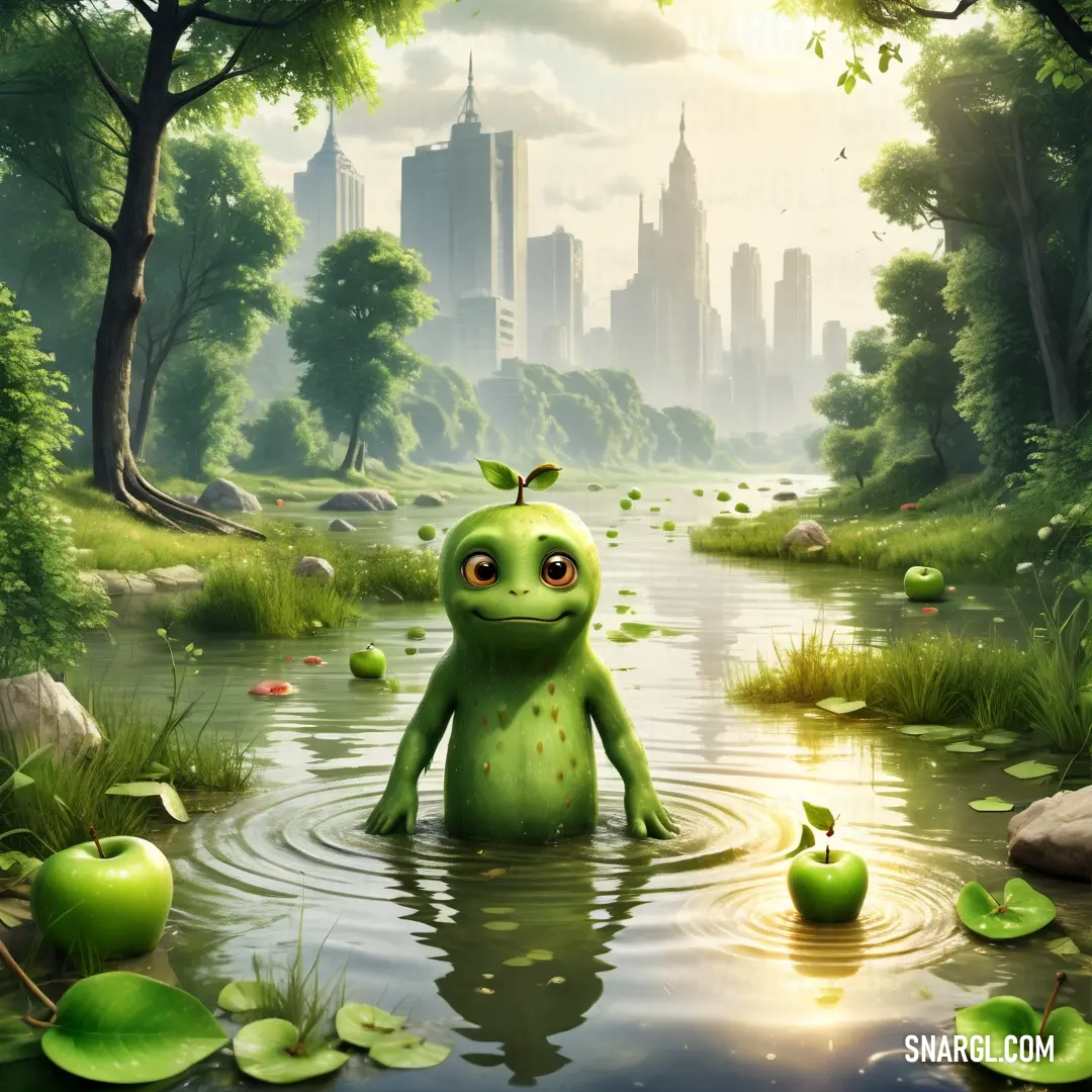 Cartoon character is in a pond with green apples in the background of a cityscape with skyscrapers