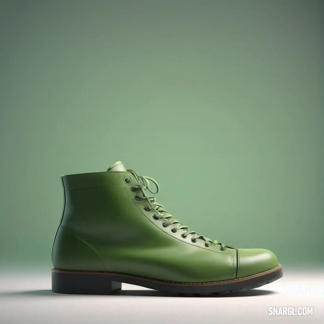 Green shoe with a rubber sole on a white floor with a green background. Example of #556B2F color.