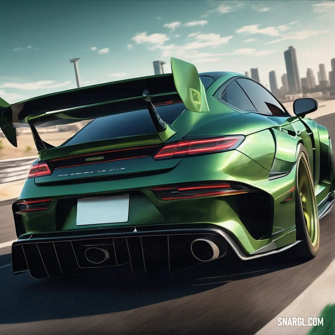Green sports car driving down a road with a city in the background. Example of #556B2F color.