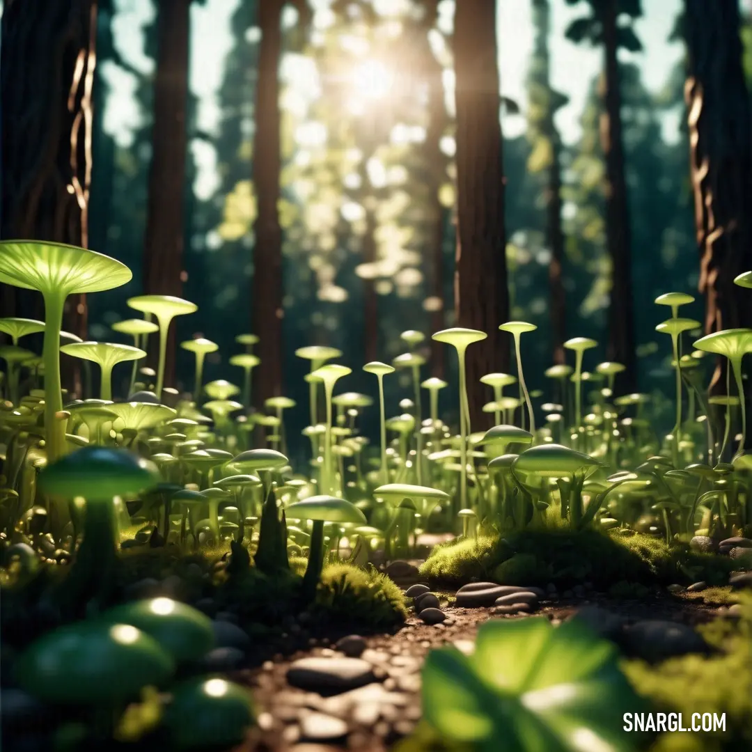 Group of mushrooms growing in a forest with sunlight shining through the trees behind them and grass growing on the ground